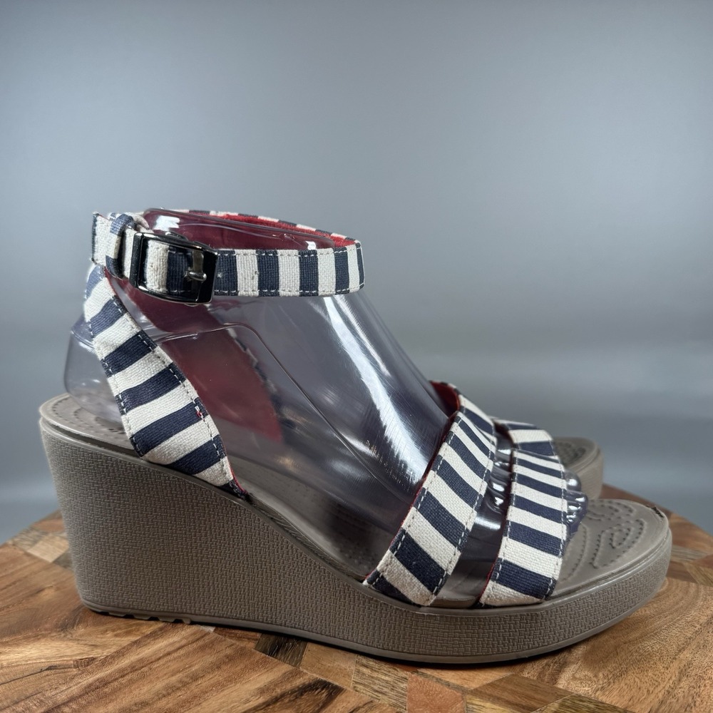 Crocs Leigh II Cross Strap Ankle‎ Wedge Sandals Womens Size 9 White Striped